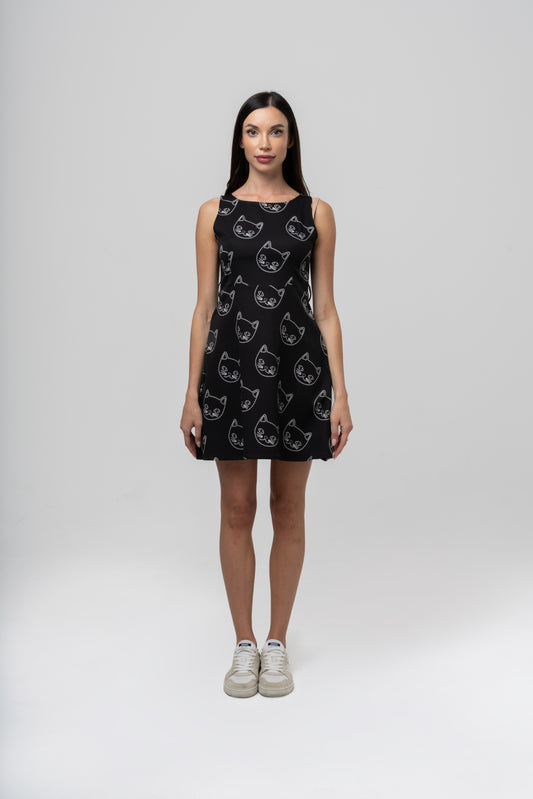 Cat Pattern Black Dress
