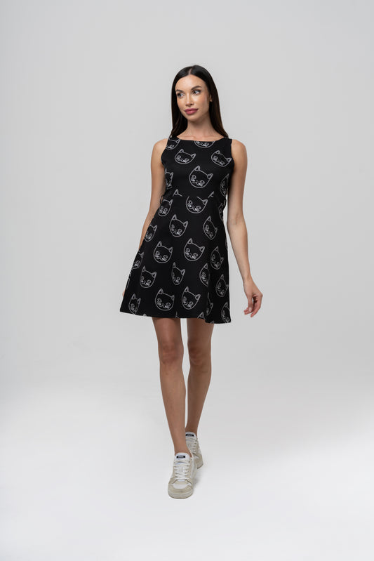 Cat Pattern Black Dress